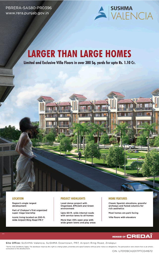 Exclusive villa floors in over 300 Sq. yards for upto Rs 1.10 Cr at Sushma Valencia Chandigarh